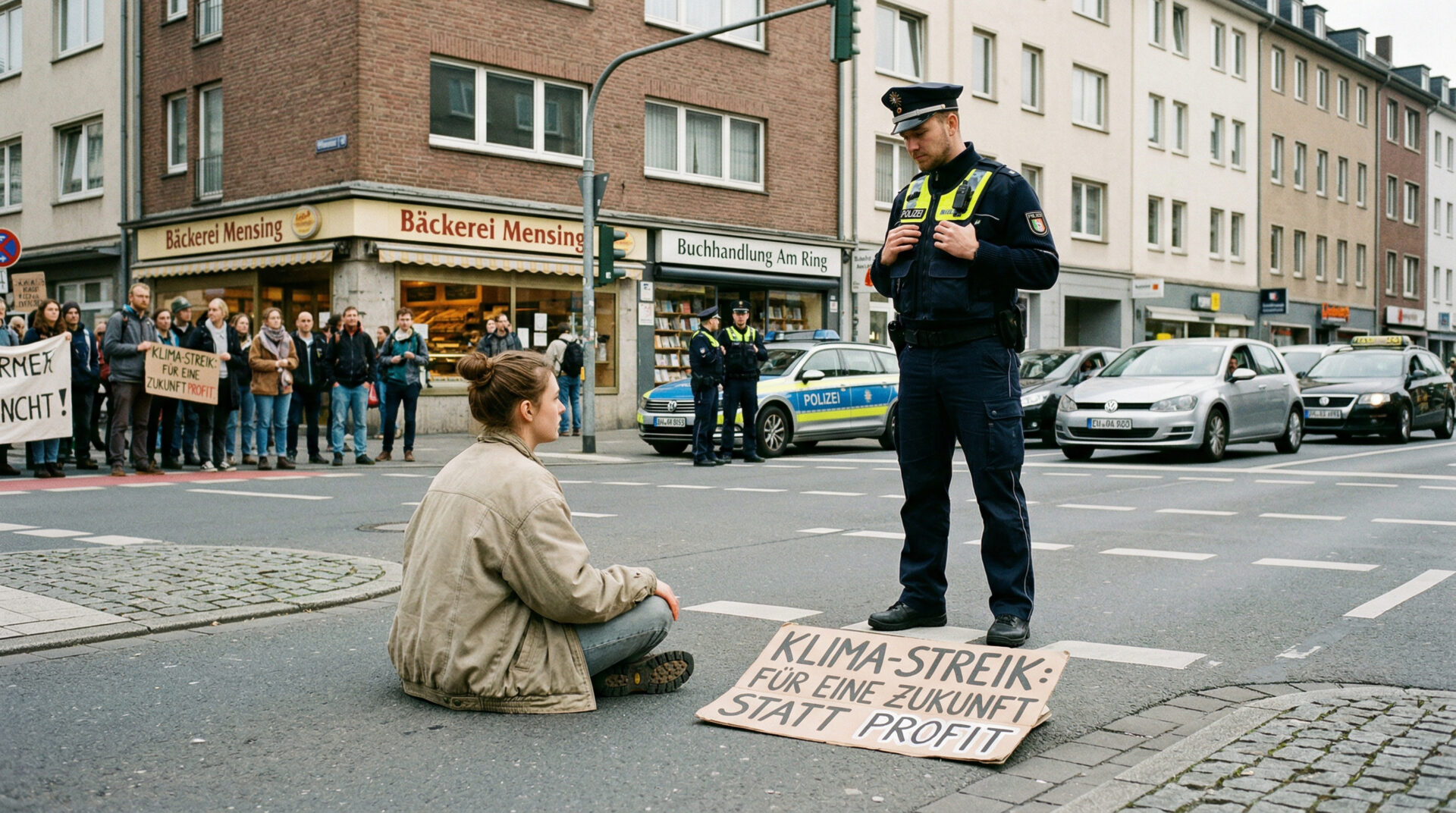 Ein Demonstrant sitzt blockierend auf einer Asphaltstraße, während ein Polizeibeamter die Szene unmittelbar beobachtet.