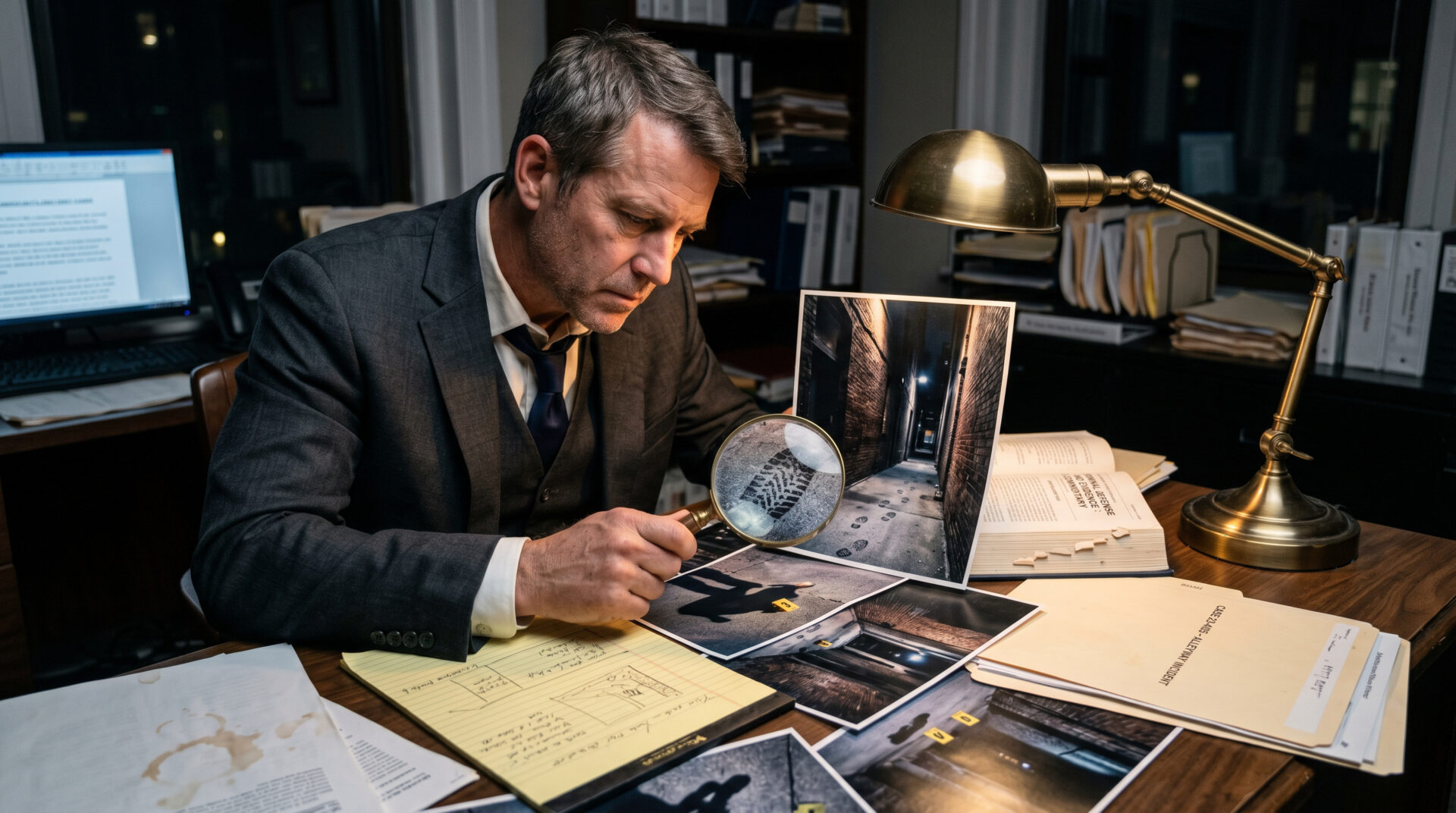 Strafverteidiger untersucht Tatortfotos einer Schlägerei mit einer Lupe an seinem Schreibtisch.