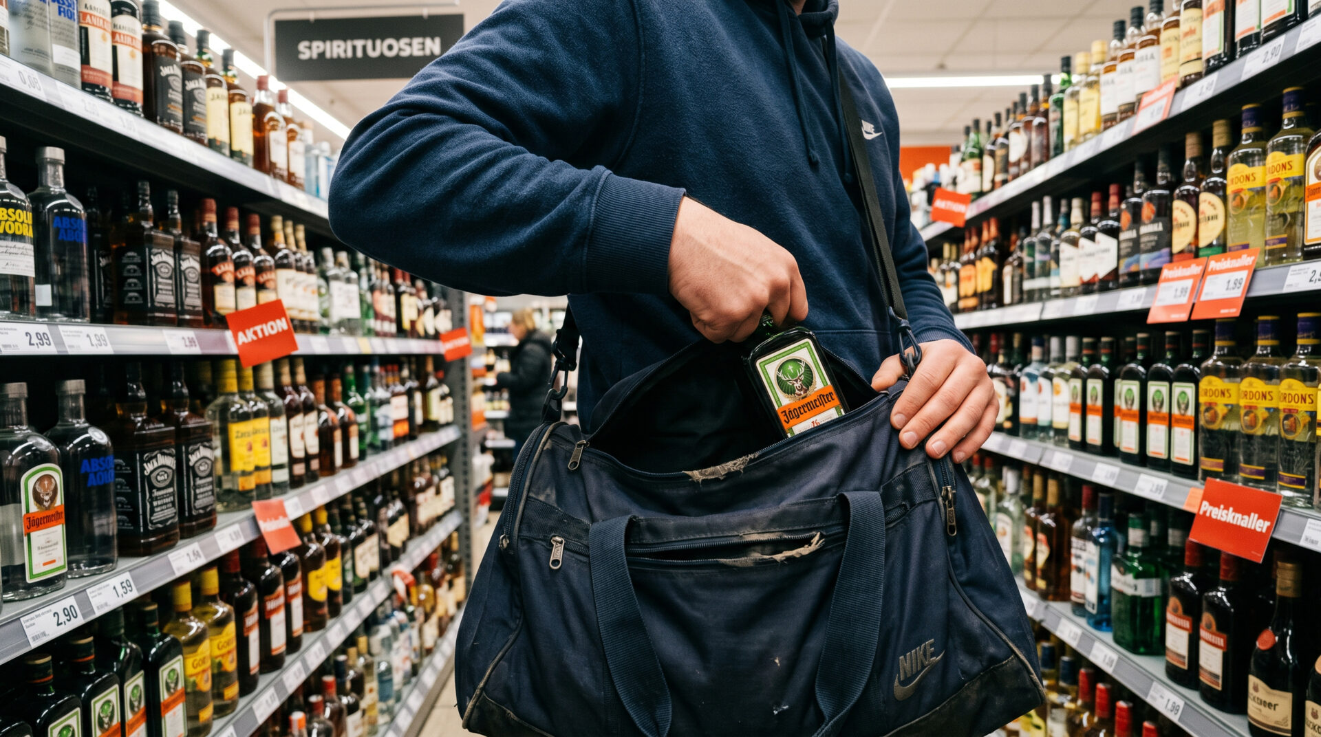 Hand schiebt eine Glasflasche in eine offene Sporttasche vor einem Supermarktregal mit Spirituosen.