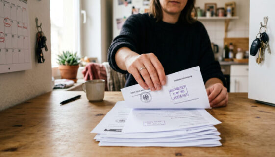 Frau sortiert amtliche Meldebescheinigungen an einem hellen Küchentisch; im Hintergrund ein markierter Wandkalender.