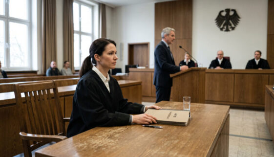 Eine Anwältin in Robe sitzt im Gerichtssaal an einem Tisch neben einem auffällig leeren Stuhl ihres Mandanten.