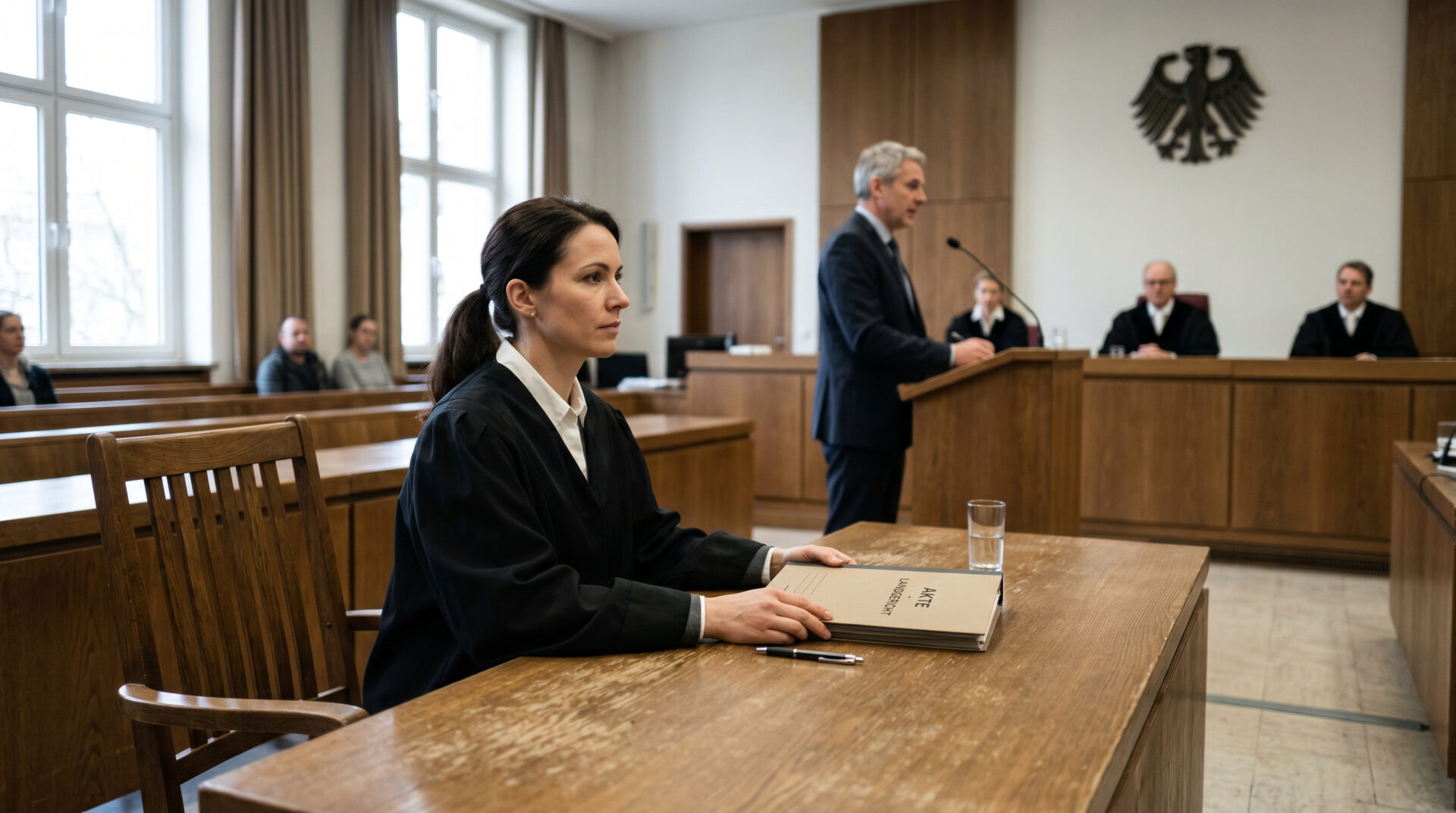 Eine Anwältin in Robe sitzt im Gerichtssaal an einem Tisch neben einem auffällig leeren Stuhl ihres Mandanten.