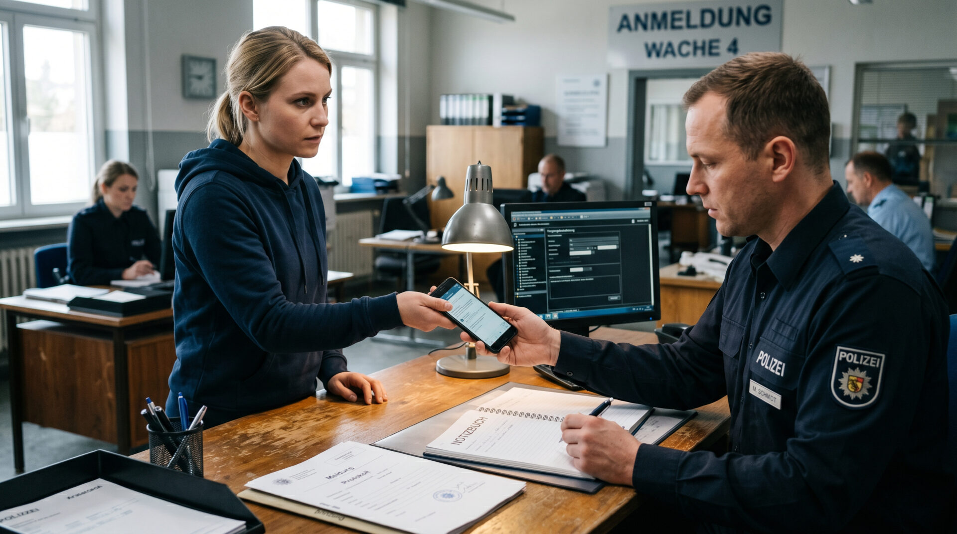 Eine Frau übergibt in einer deutschen Polizeiwache einem Beamten ihr Smartphone mit einem Beweisfoto zur IP-Sicherung.