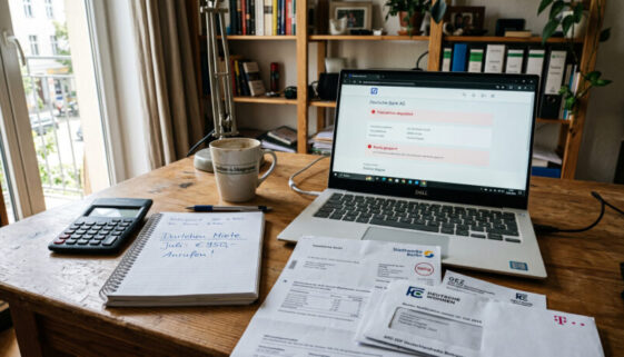Laptop mit gesperrtem Online-Banking, daneben ein Taschenrechner und ein Zettel mit der Aufschrift Darlehen zur Miete.