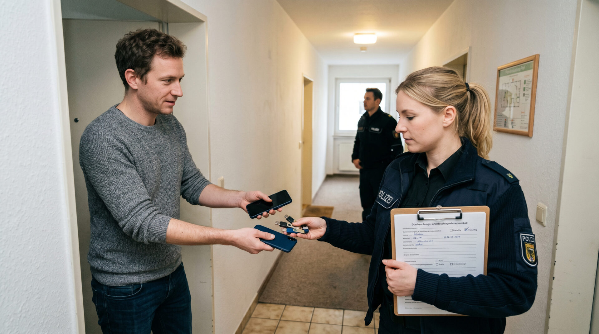Mann übergibt an seiner Wohnungstür freiwillig Smartphones und USB-Sticks an die Polizei.