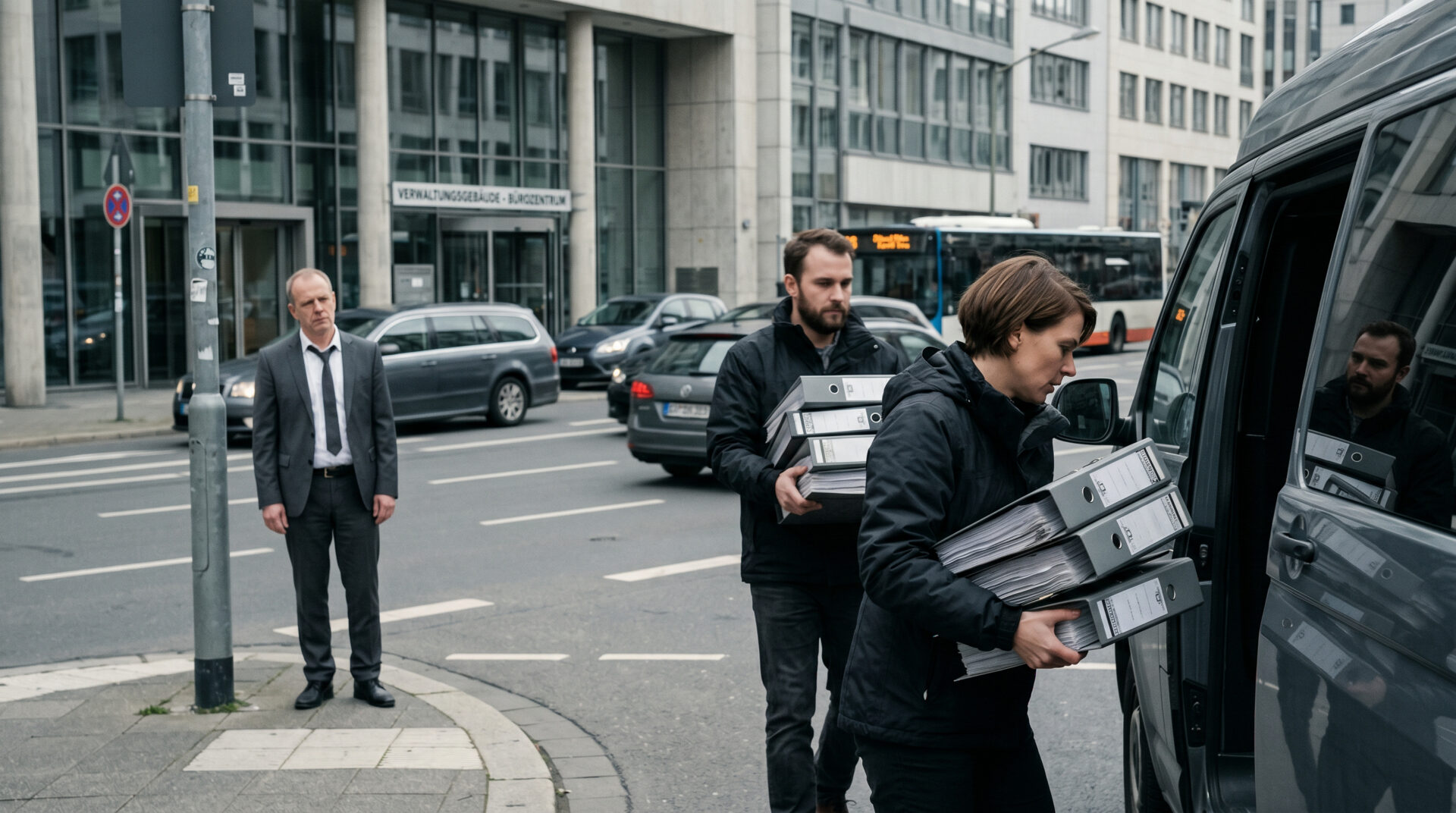 Ermittler tragen Aktenordner aus einem Bürogebäude, während ein Mann von der anderen Straßenseite aus zuschaut.