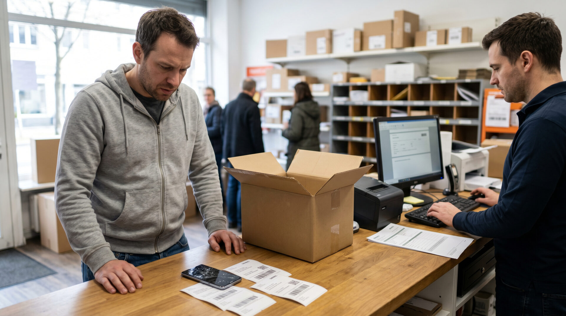 Verkäufer steht mit defektem Smartphone und leerem Karton an einem Paketshop-Tresen.