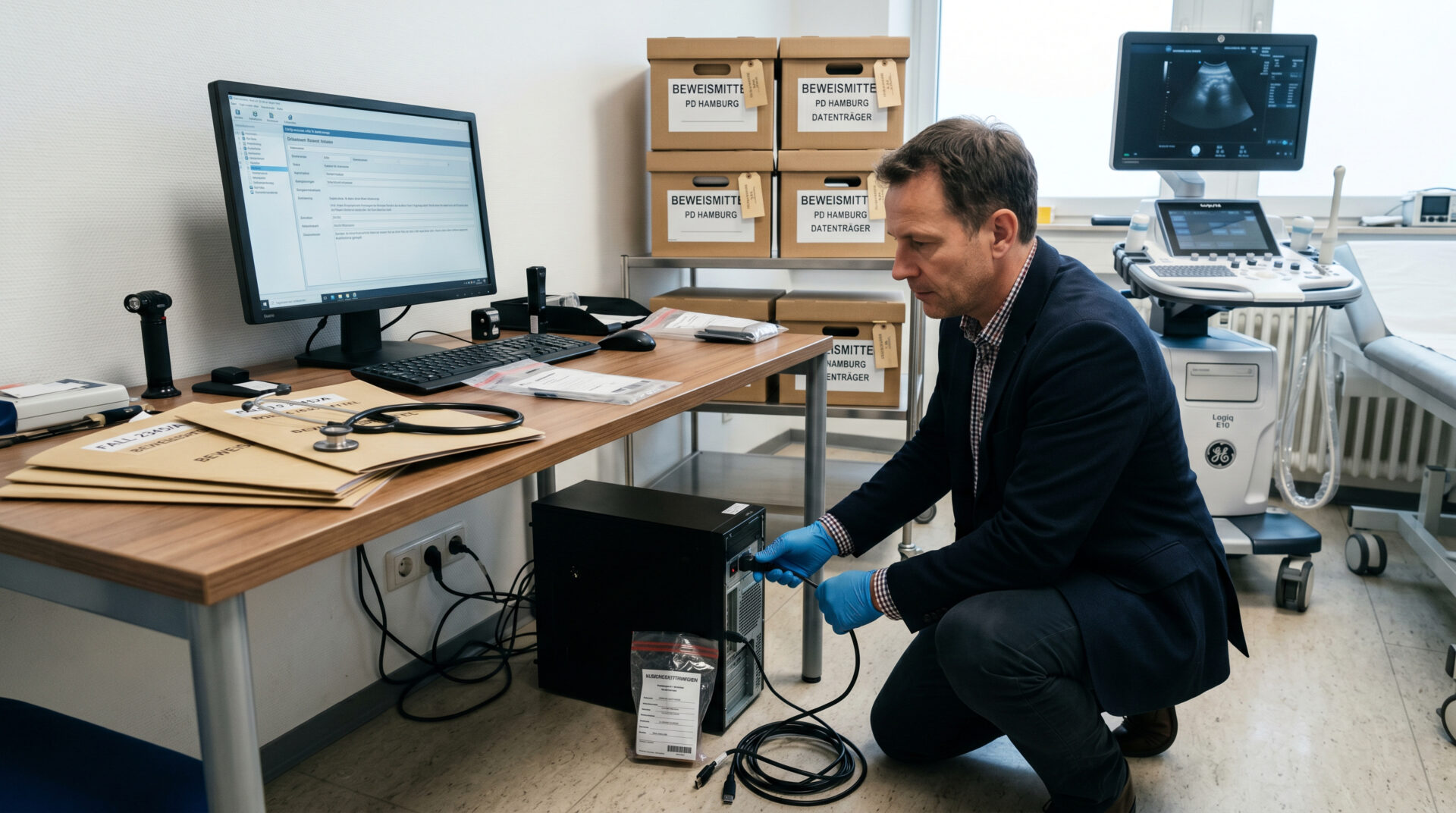 Ermittler mit blauen Handschuhen sichert Computerdaten in einem Behandlungsraum mit Patientenakten und Ultraschallgerät.