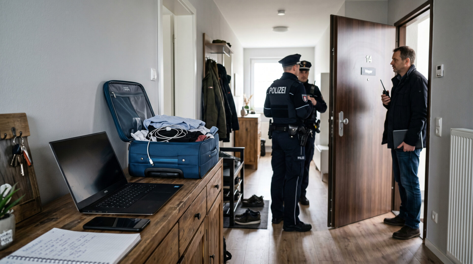 Laptop, Smartphone und Koffer im Flur einer Wohnung, während im Hintergrund Ermittler an der Haustür stehen.