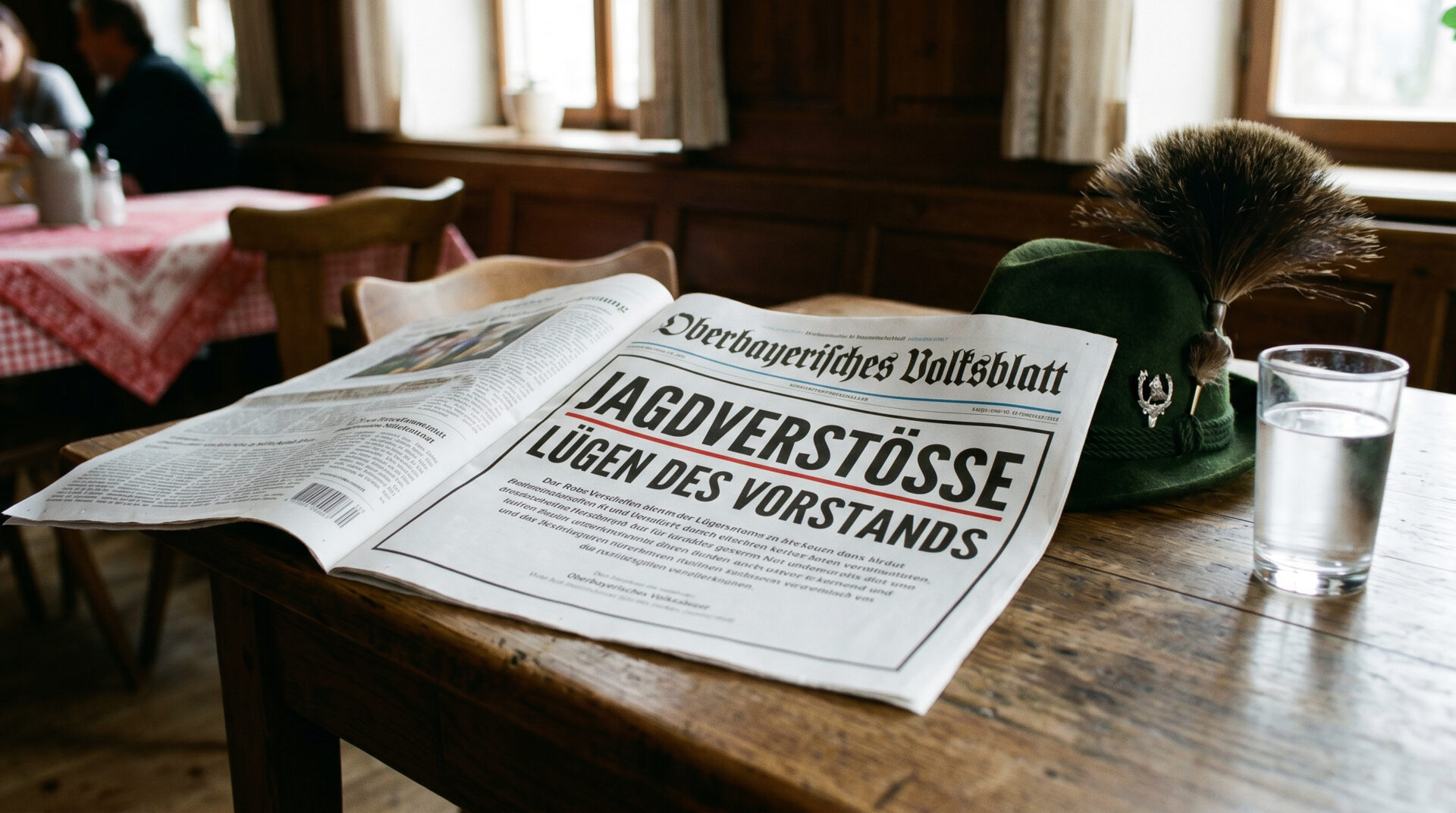 Lokalzeitung mit Schlagzeilen zu Jagdverstößen auf Holztisch neben Jägerhut und Wasserglas in einer Gaststube.