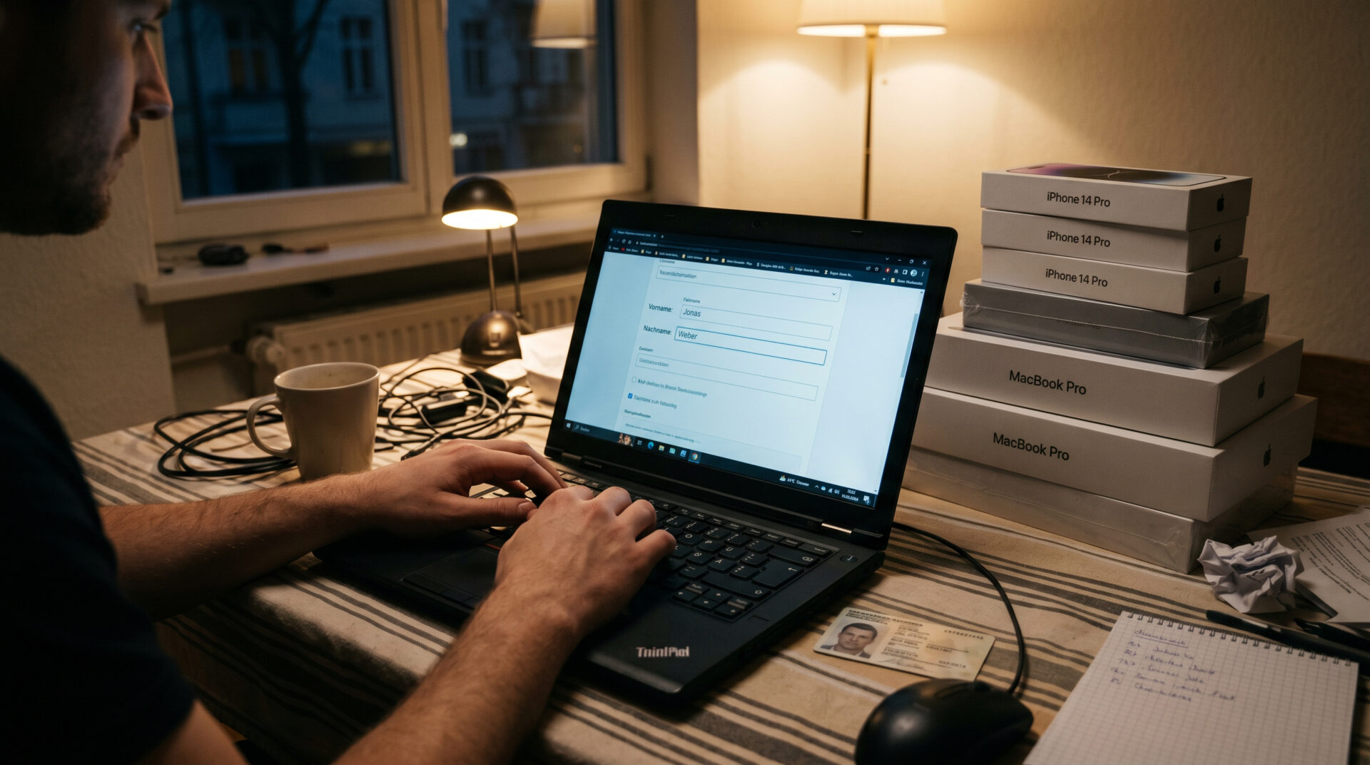 Hände an einem Laptop, daneben ein Personalausweis und originalverpackte Elektronikgeräte auf einem Schreibtisch.
