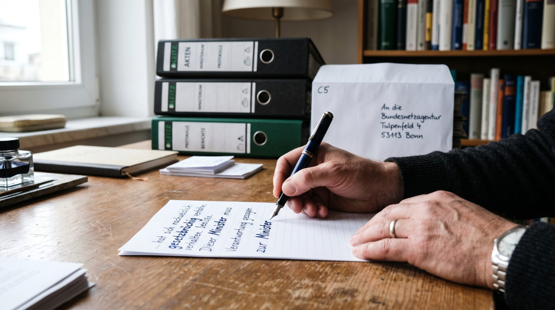 Hand schreibt „Gesetzbrüchig“ und „Minister“ auf Papier; im Hintergrund Aktenordner und ein Briefumschlag auf dem Tisch.
