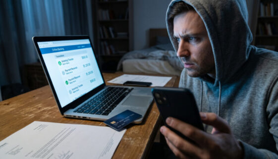 Junger Mann am Laptop bei Nacht mit Bankkarte auf dem Tisch und Smartphone in der Hand.