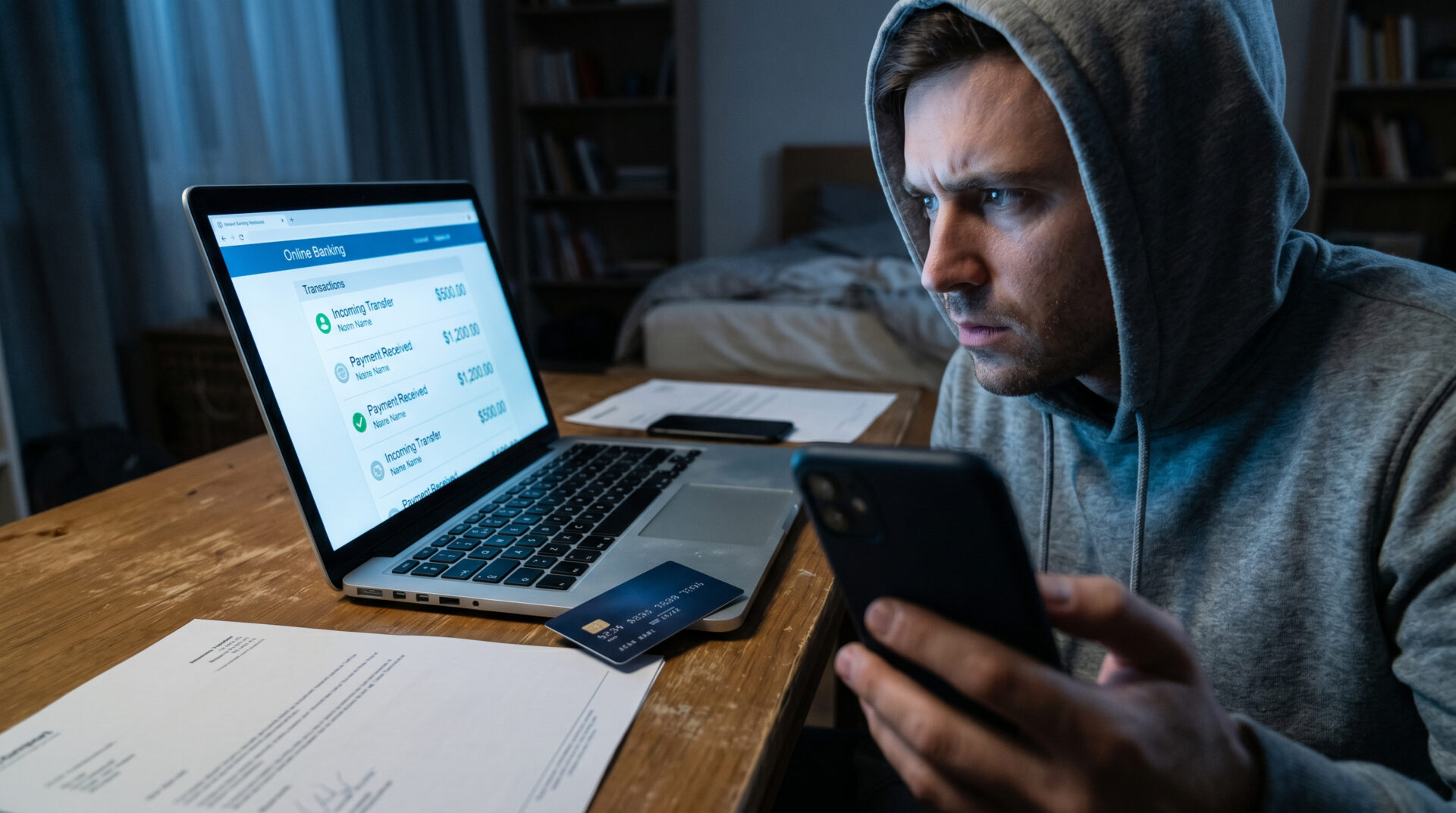 Junger Mann am Laptop bei Nacht mit Bankkarte auf dem Tisch und Smartphone in der Hand.