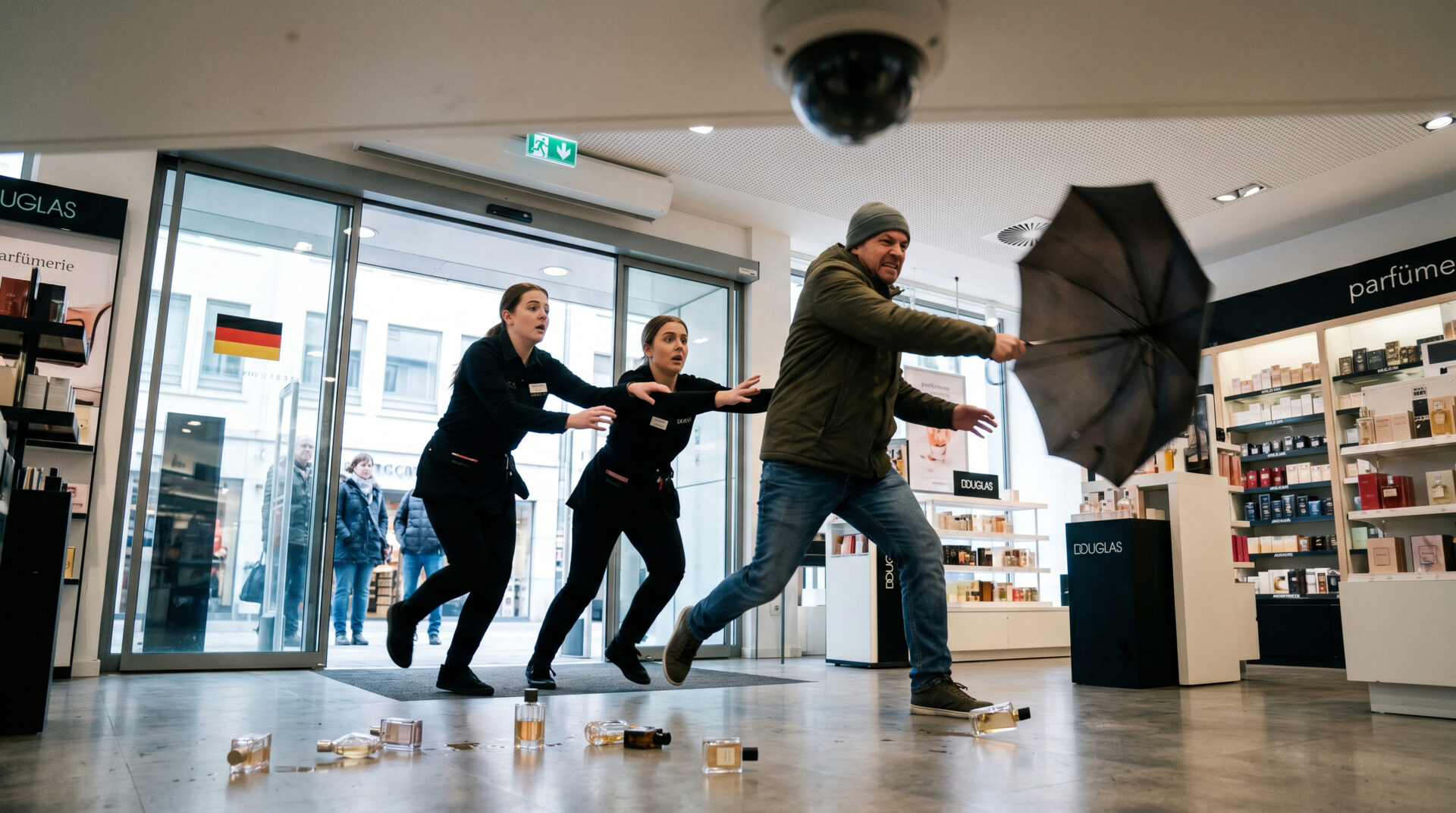Ein Mann im Verkaufsraum schlägt auf der Flucht mit einem Regenschirm nach zwei Verkäuferinnen; Parfümflakons am Boden.