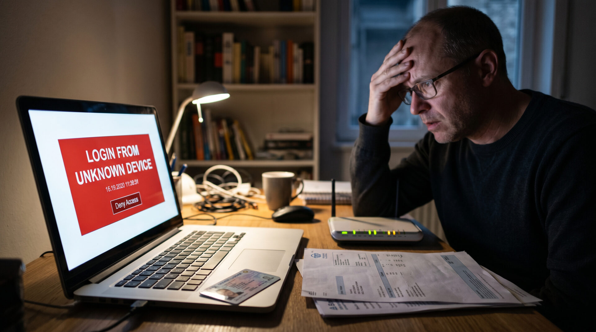 Person vor Laptop mit Sicherheitswarnung und Personalausweis auf dem Schreibtisch in einem dunklen Raum.