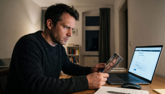 Ein Mann erstellt am Laptop ein gefälschtes Profil und hält dabei ein privates Foto einer Frau in der Hand.