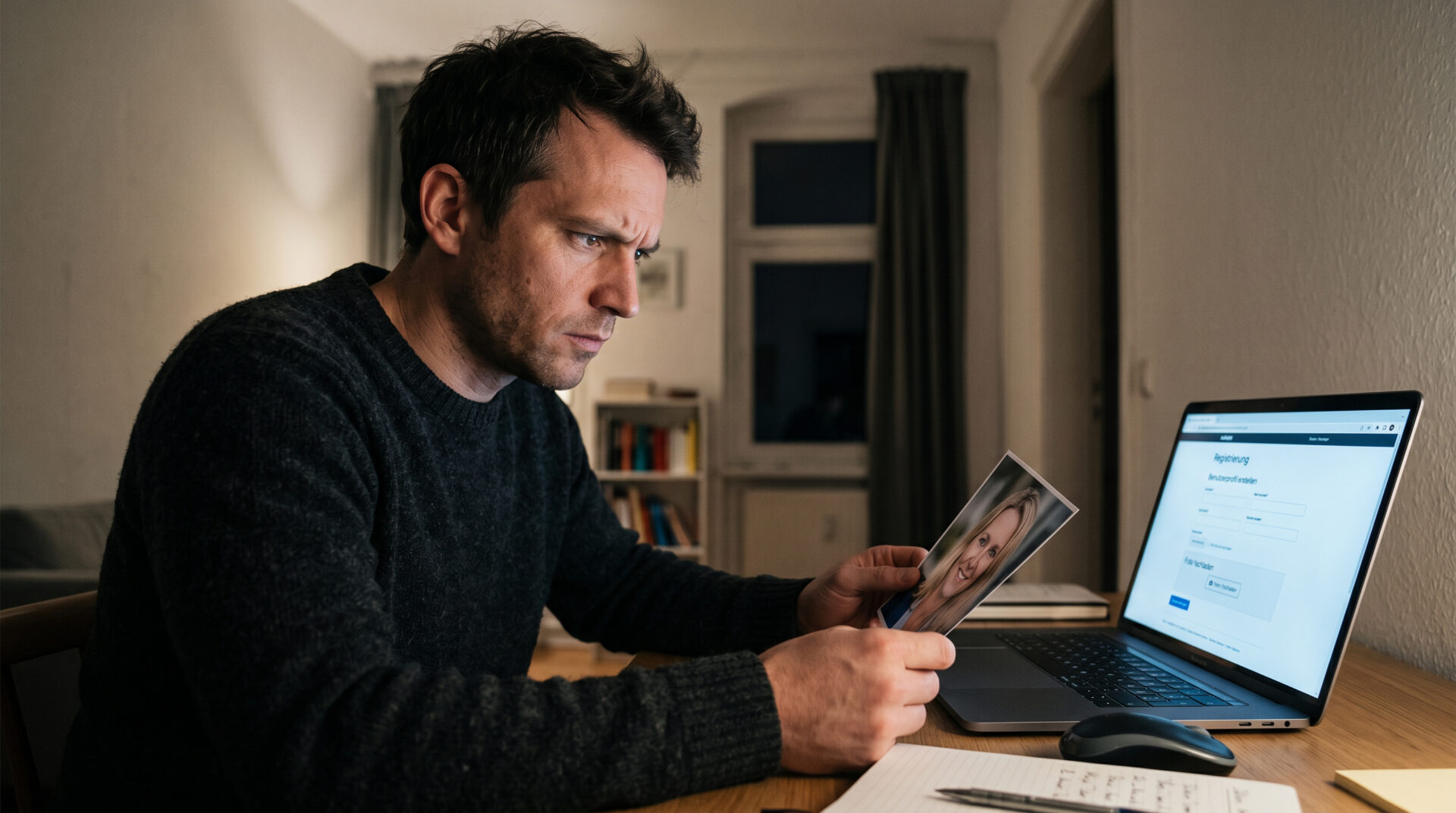 Ein Mann erstellt am Laptop ein gefälschtes Profil und hält dabei ein privates Foto einer Frau in der Hand.