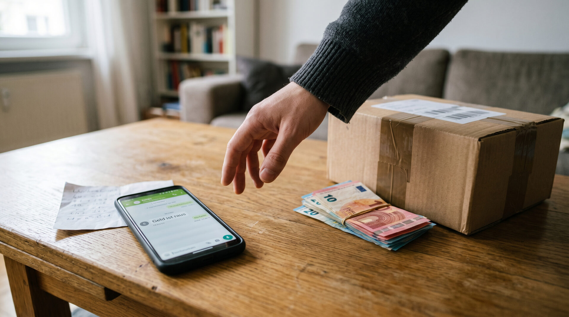 Smartphone mit Verkaufs-Chat, Bargeld und ein versandfertiges Paket auf einem Tisch mit einer zögernden Hand.