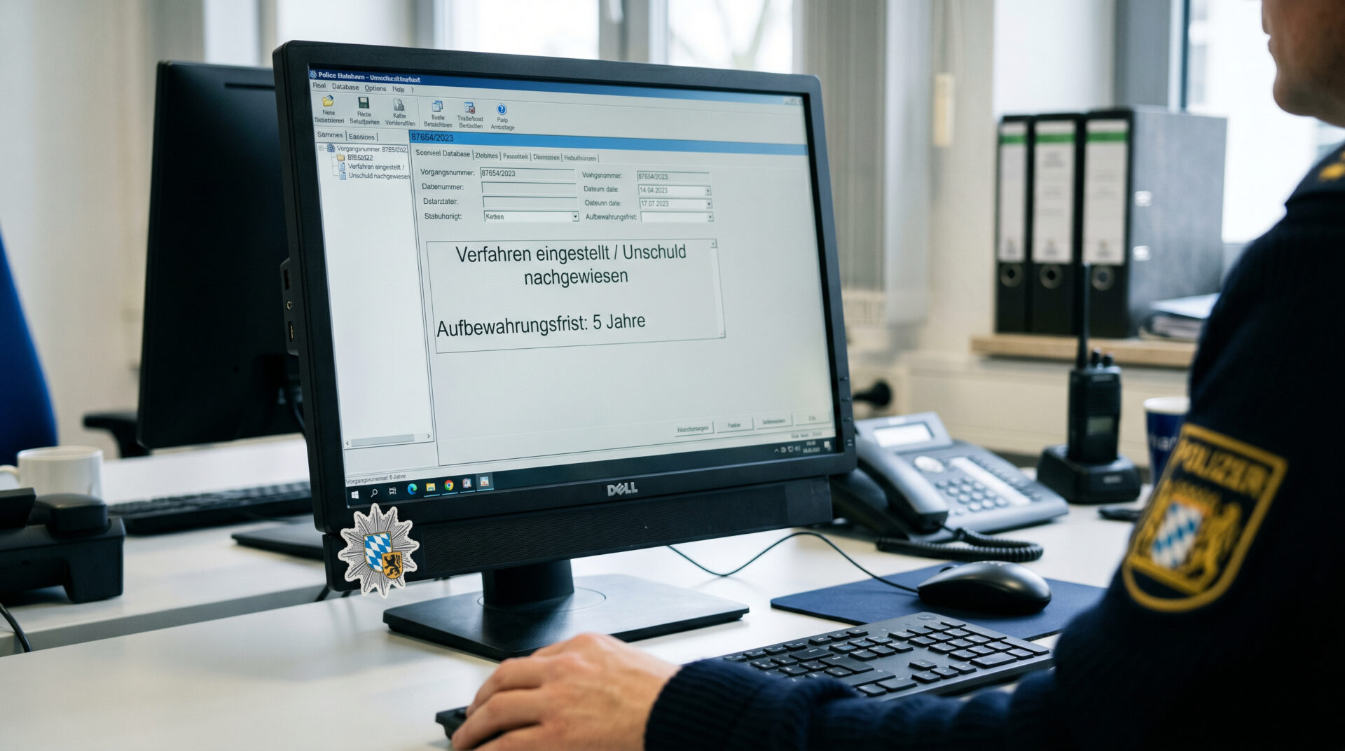 Polizeimonitor mit dem Status „Unschuld nachgewiesen“ und dem Vermerk einer fünfjährigen Aufbewahrungsfrist im IGVP-System.