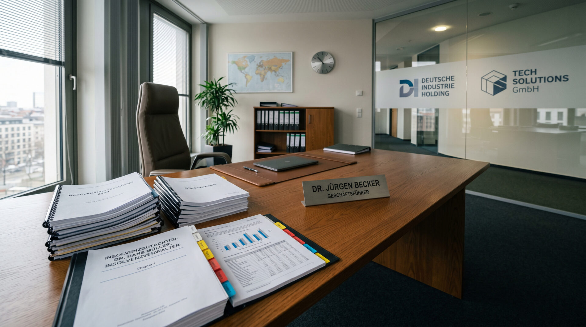 Zwei dicke Aktenstapel und ein markiertes Gutachten liegen auf einem Schreibtisch in einem leeren Geschäftsführer-Büro.