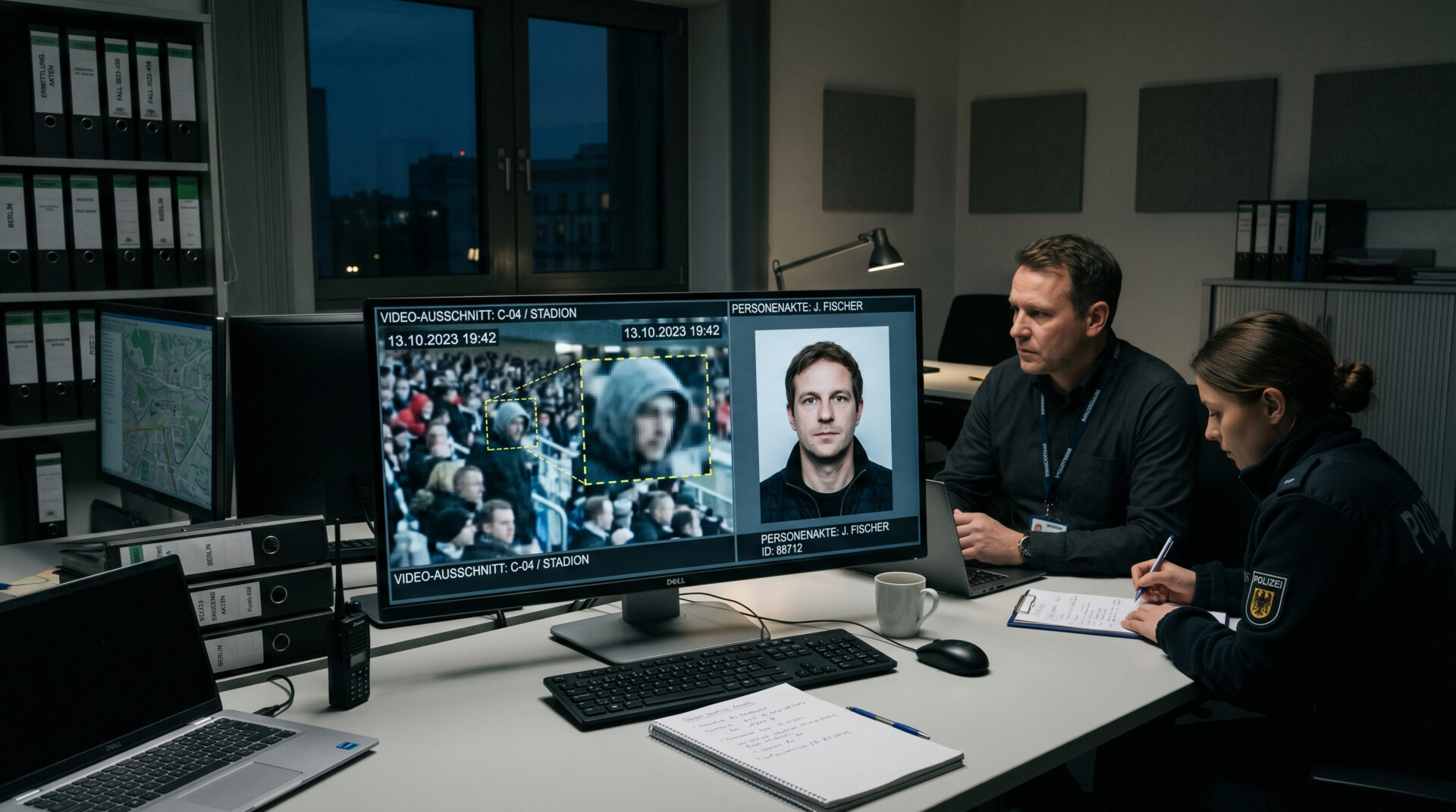 Ein Monitor zeigt ein verpixeltes Überwachungsvideo neben einem klaren Porträtfoto zur Identitätsprüfung.