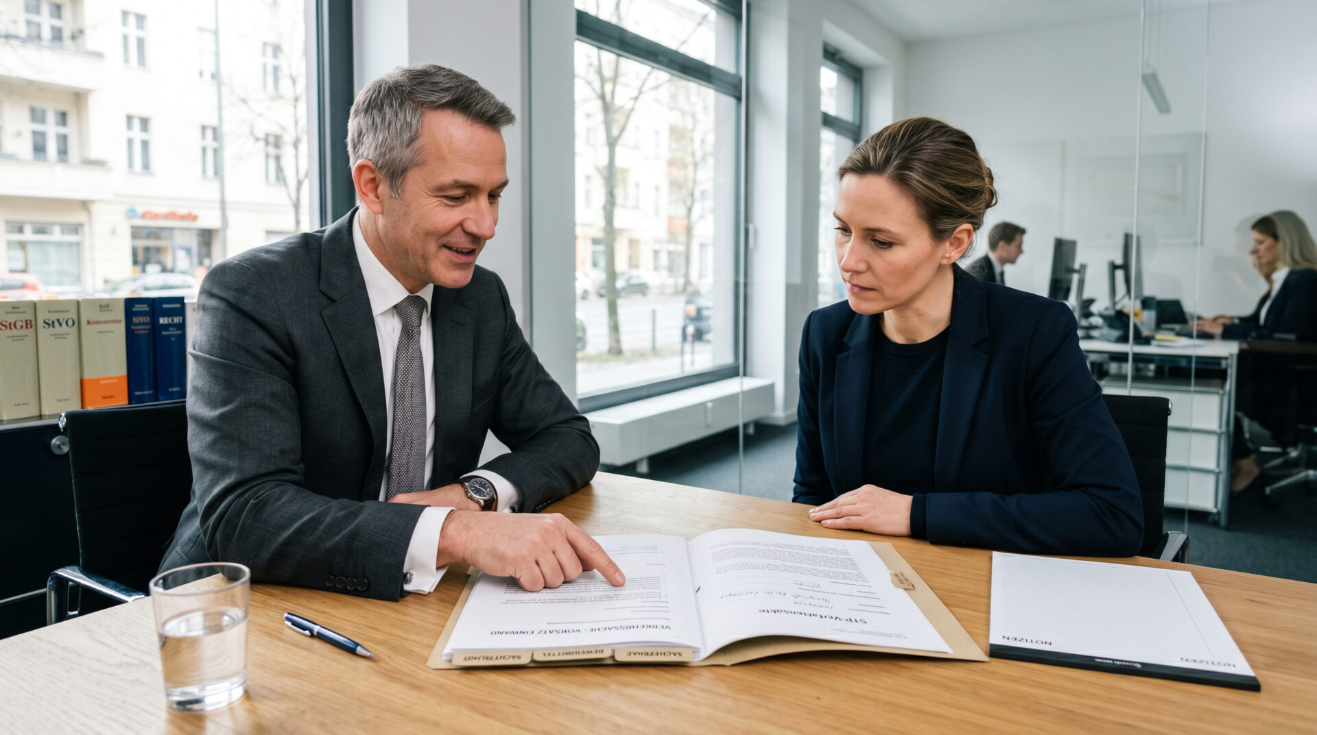 Ein Anwalt und sein Mandant sitzen am Besprechungstisch und gehen eine juristische Akte durch.