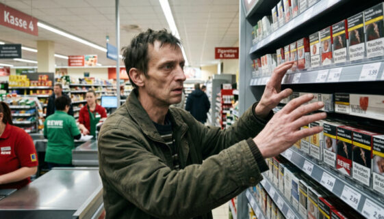 Zitternde Hände eines blassen Mannes greifen hastig nach Zigarettenschachteln in einem Supermarktregal.