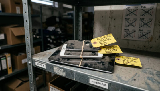 Verstaubte Smartphones und ein Tablet mit gelben Asservaten-Anhängern liegen in einem grauen Metallregal einer Behörde.