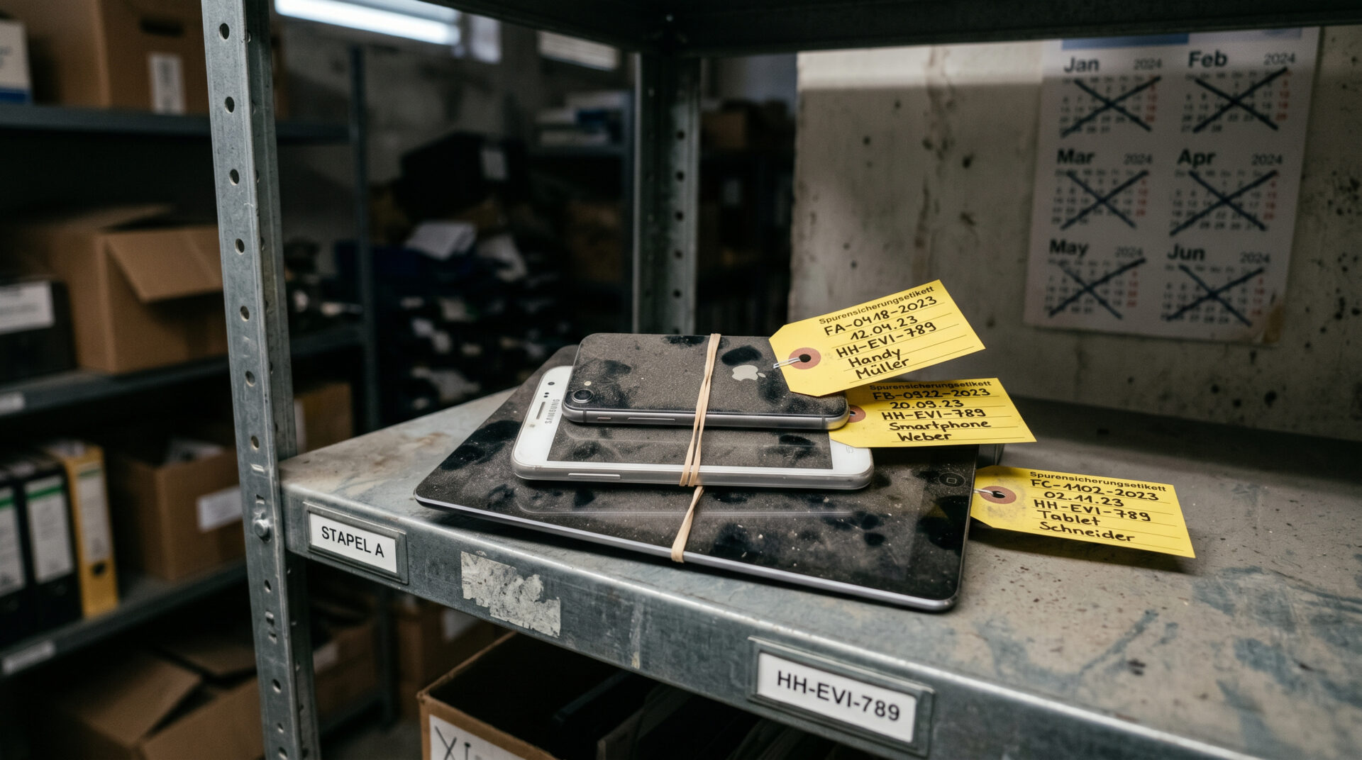 Verstaubte Smartphones und ein Tablet mit gelben Asservaten-Anhängern liegen in einem grauen Metallregal einer Behörde.
