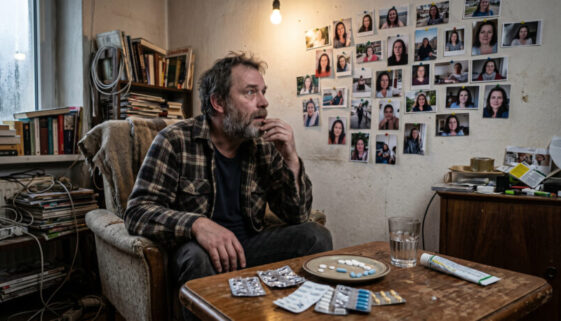 Mann starrt auf eine Wand mit Fotos einer Frau, neben ihm liegen geöffnete Tablettenpackungen in einer unordentlichen Wohnung.