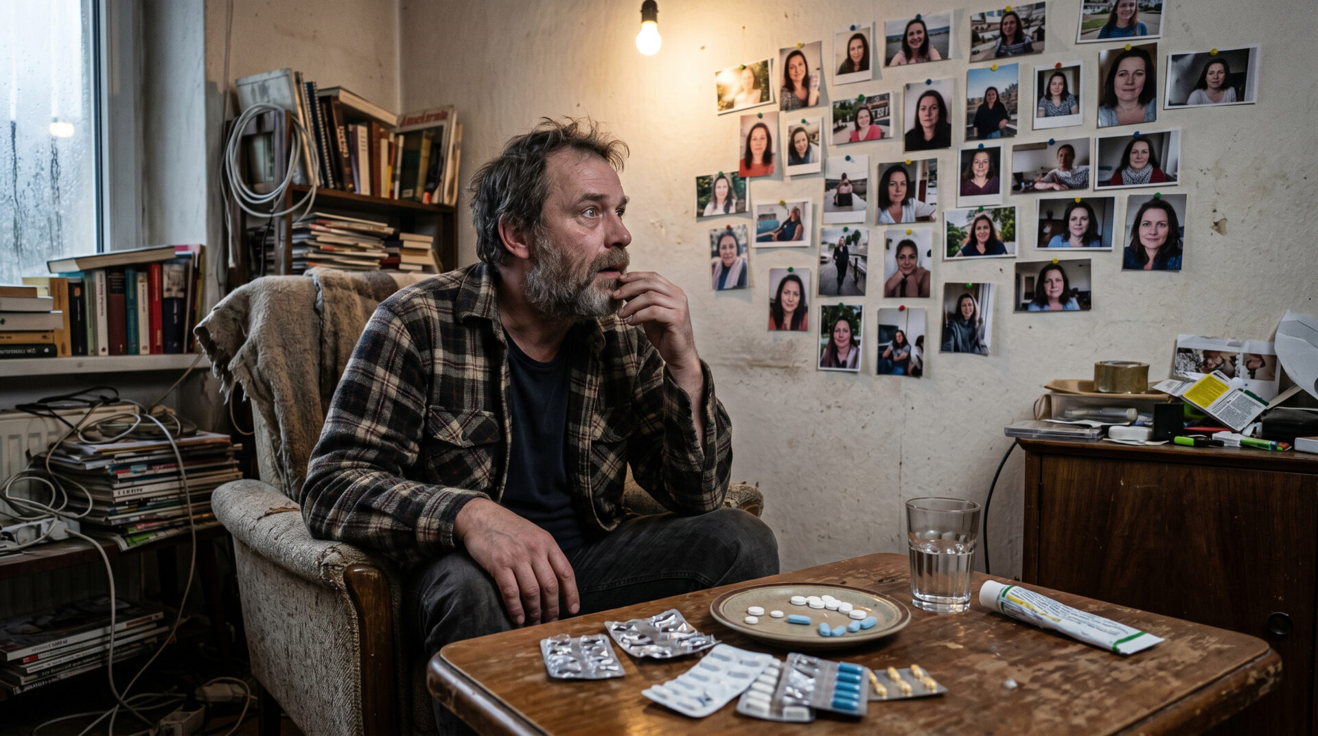 Mann starrt auf eine Wand mit Fotos einer Frau, neben ihm liegen geöffnete Tablettenpackungen in einer unordentlichen Wohnung.