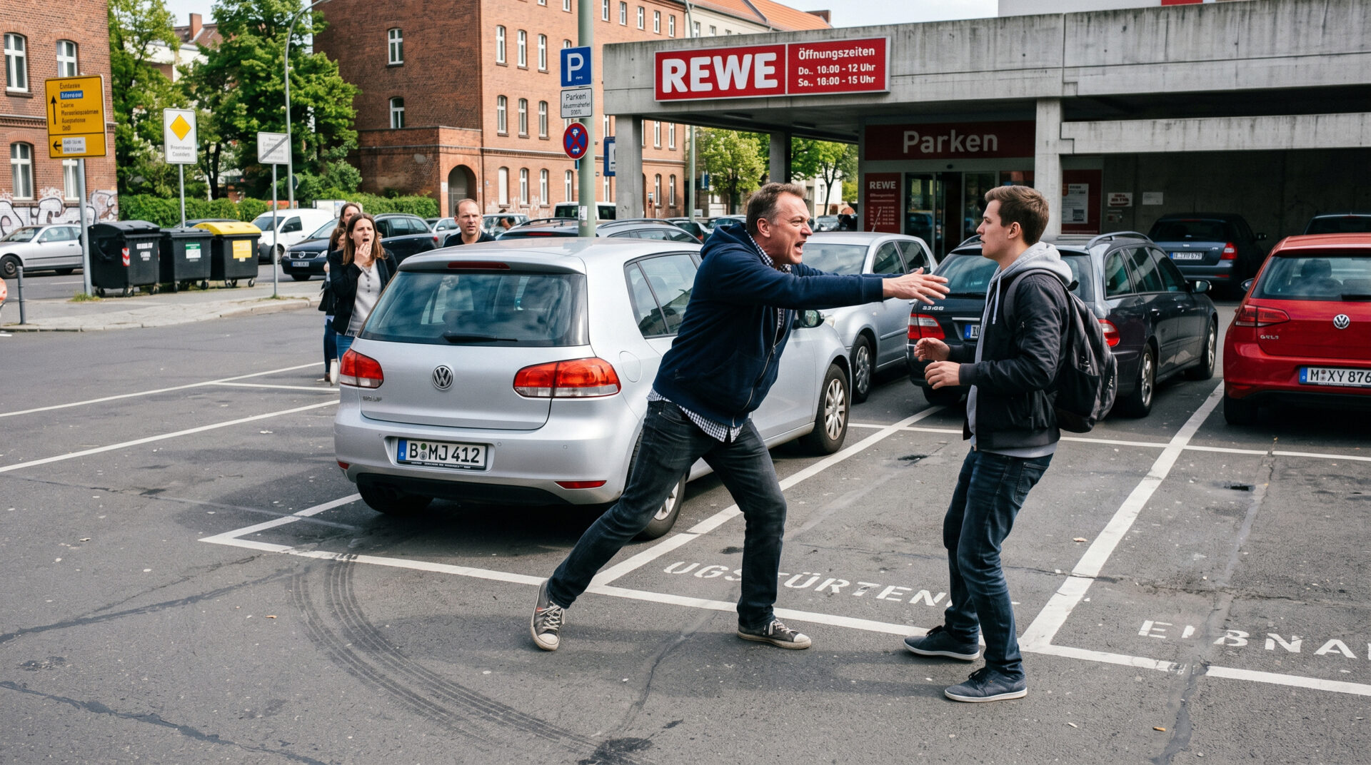 Streit zwischen zwei Männern auf Supermarktparkplatz
