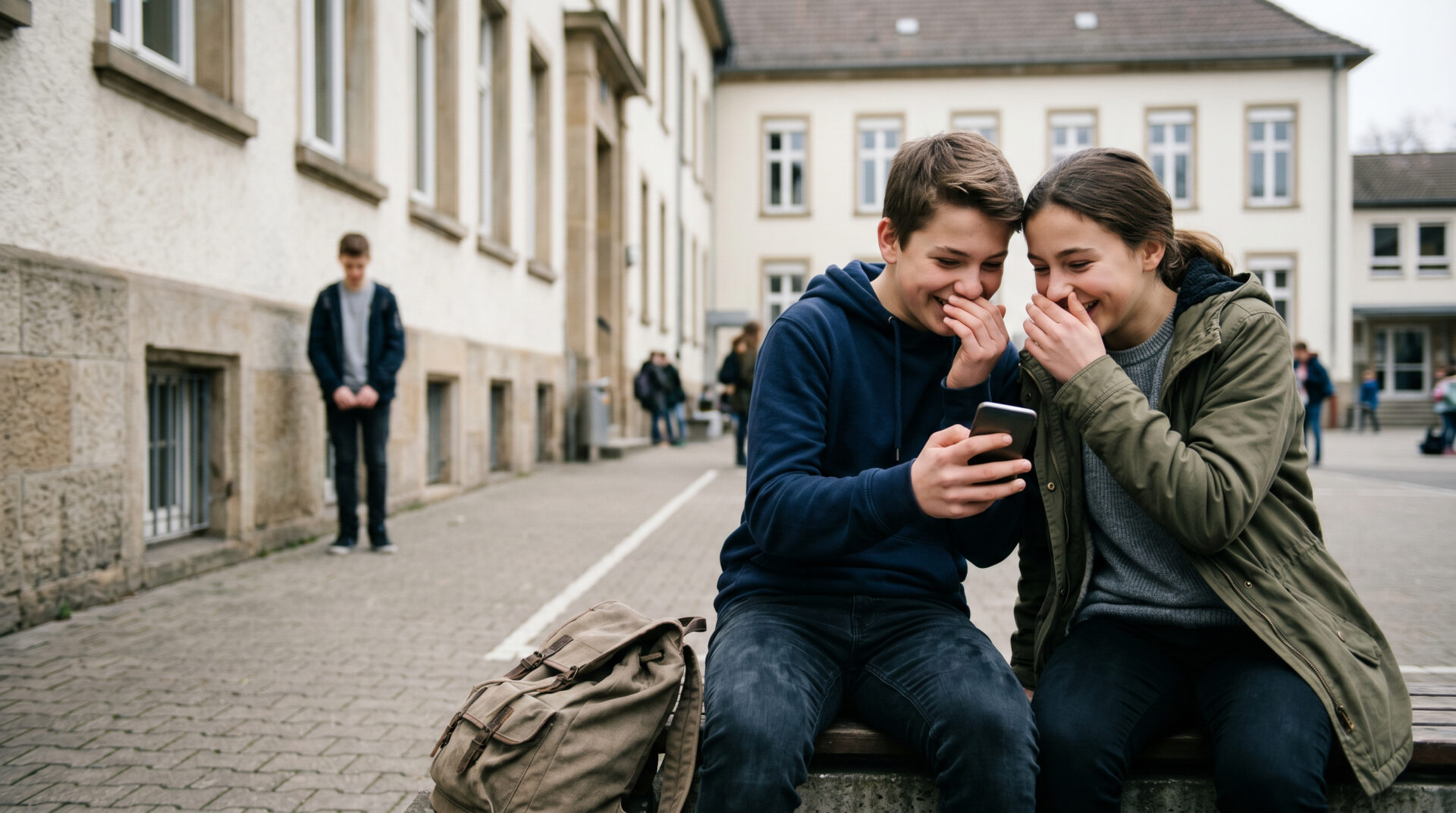Zwei Jugendliche lachend mit Smartphone auf einem Schulhof, während ein Mitschüler im Hintergrund isoliert an der Wand steht.