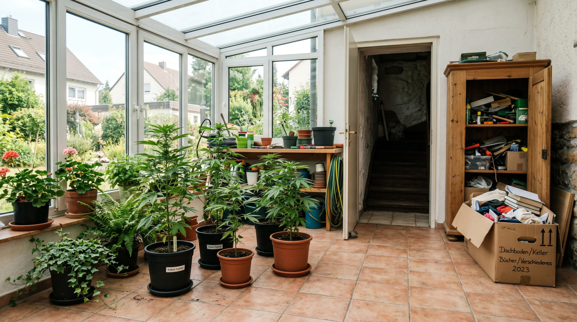 Cannabispflanzen stehen offen in einem hellen Wintergarten neben einem Durchgang zu einem unverschlossenen Kellerraum.