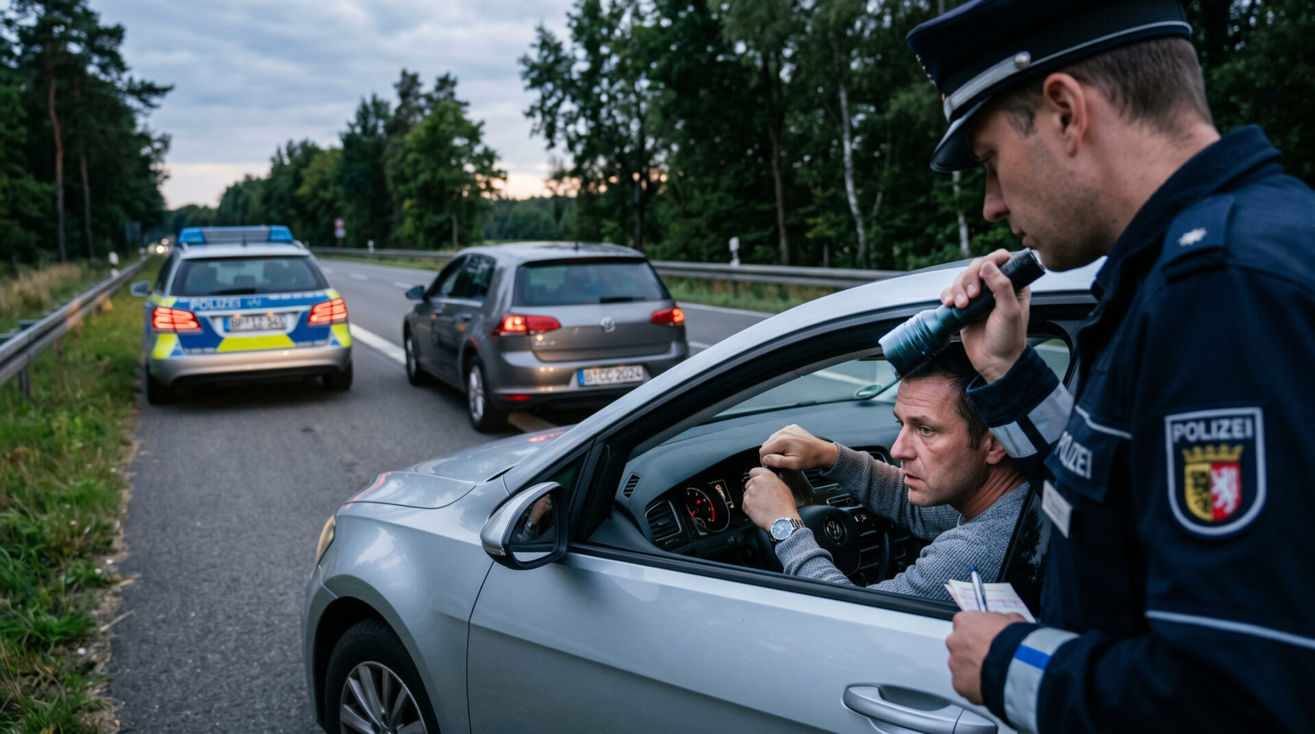 Ein Polizist kontrolliert einen angespannten Autofahrer am Seitenfenster eines Pkw bei einer Verkehrskontrolle.