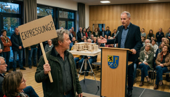 Ein Bürger hält bei einer Versammlung ein Protestschild mit der Aufschrift 'Erpressung?' vor einem Oberbürgermeister hoch.