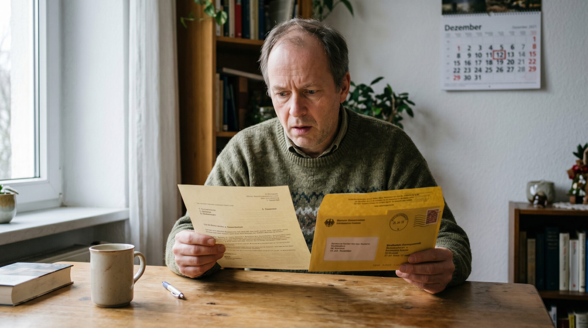 Mann am Esstisch liest überrascht Anwaltsbrief vom Dezember neben einem alten gelben Briefumschlag vom Juli.