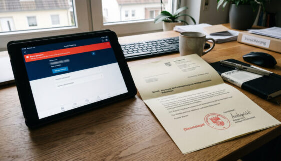 Tablet mit gesperrter Banking-App und ein gerichtliches Schreiben auf einem Schreibtisch in hellem Tageslicht.