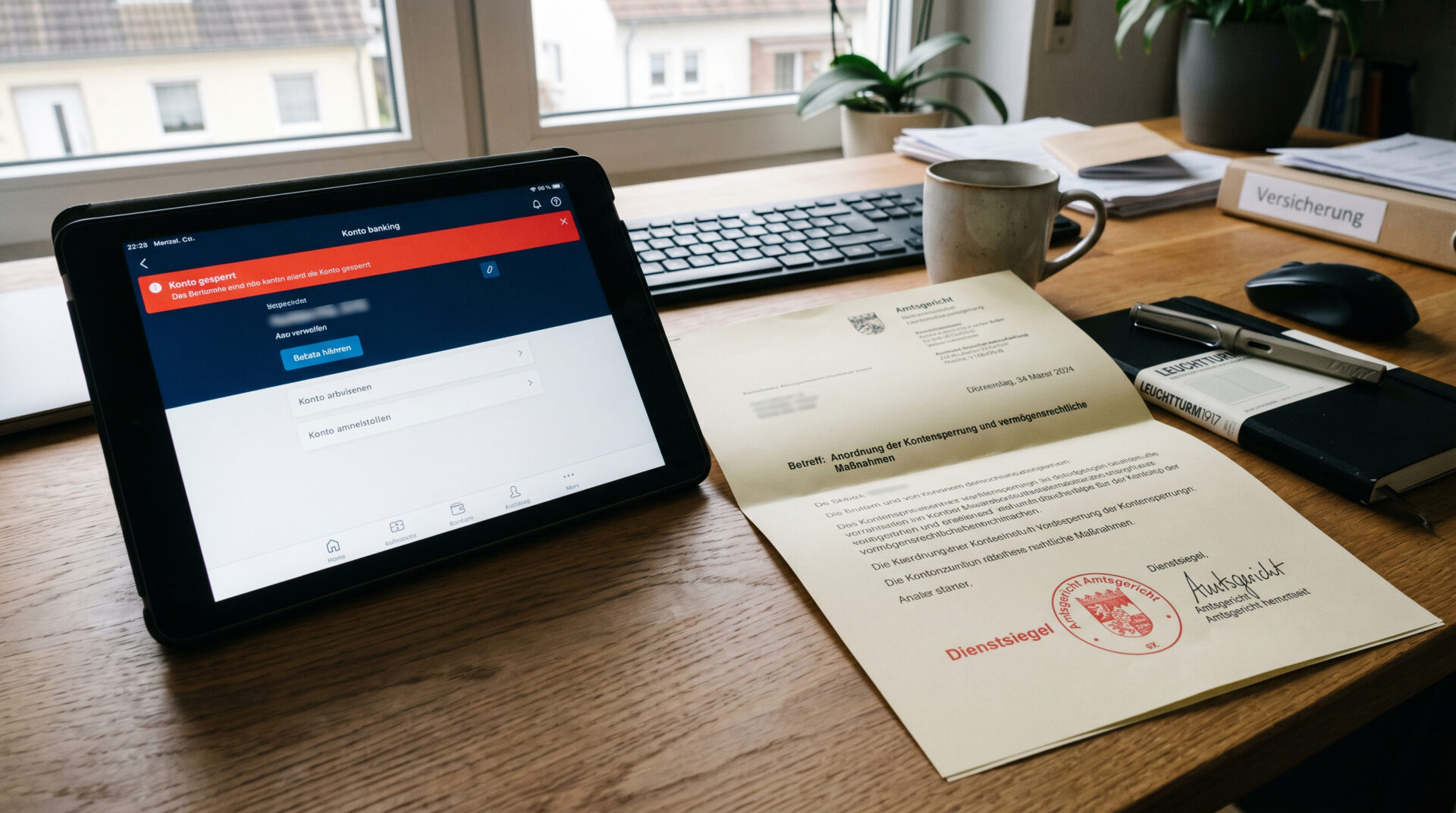 Tablet mit gesperrter Banking-App und ein gerichtliches Schreiben auf einem Schreibtisch in hellem Tageslicht.