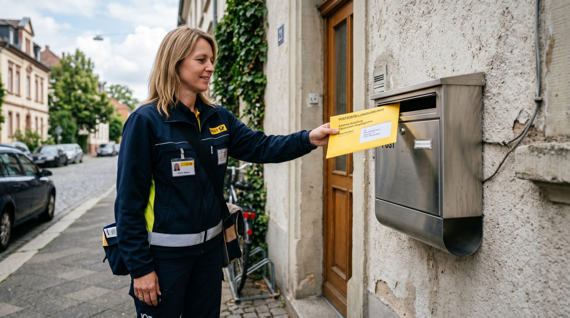 Ein Postbote schiebt einen gelben Brief in einen modernen Edelstahl-Briefkasten an einer Hauswand.