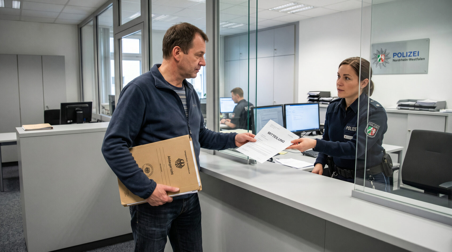 Mann am Polizeischalter reicht Beamten ein Dokument, während er einen gerichtlichen Vergleich unter dem Arm trägt.