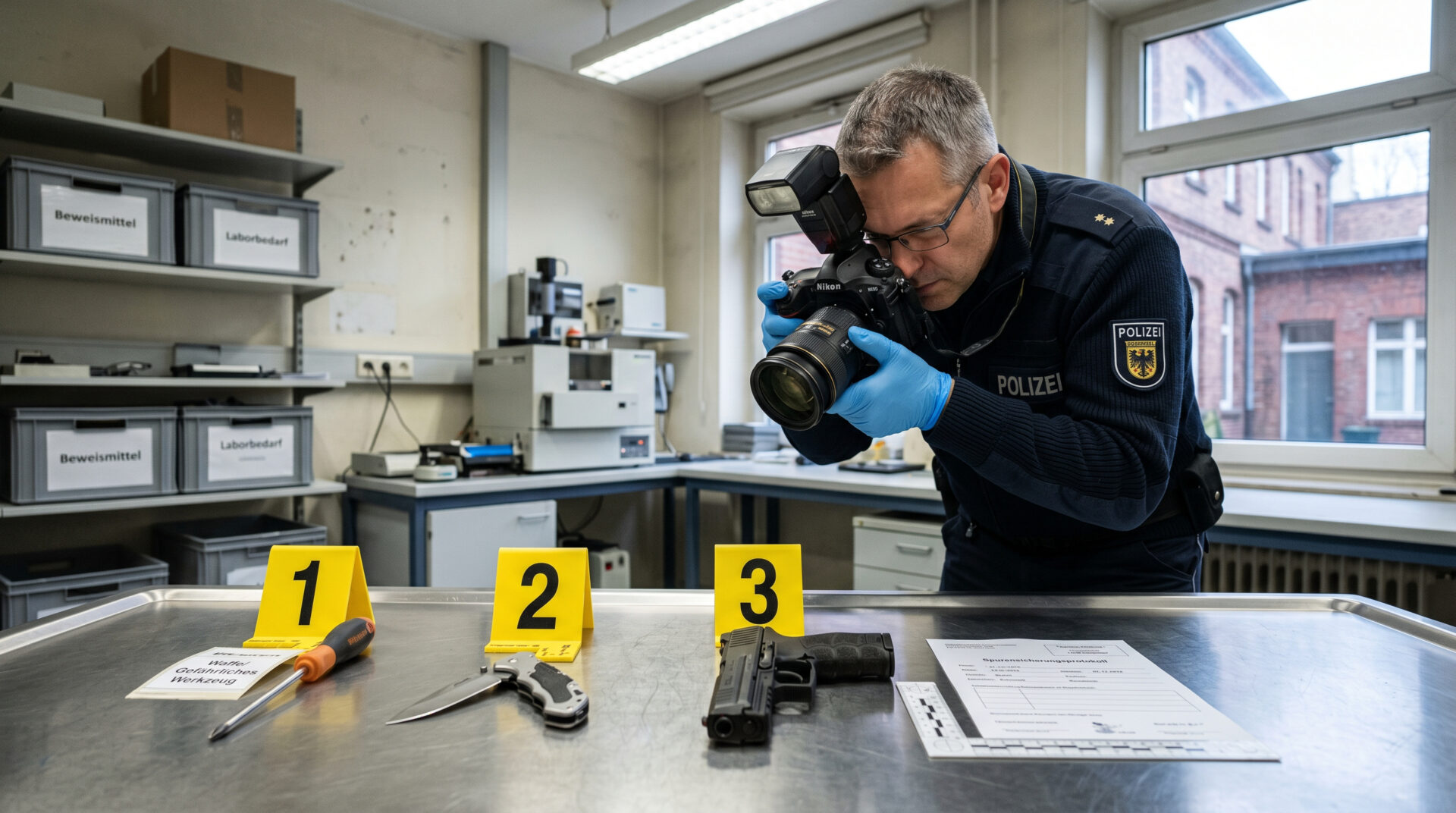 Kriminaltechniker fotografiert sichergestellte Tatwerkzeuge wie Schraubendreher und Messer mit Beweismittel-Nummern.