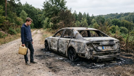 Ein ausgebranntes Autowrack auf einem staubigen Feldweg, davor ein Jugendlicher mit einem gelben Benzinkanister.