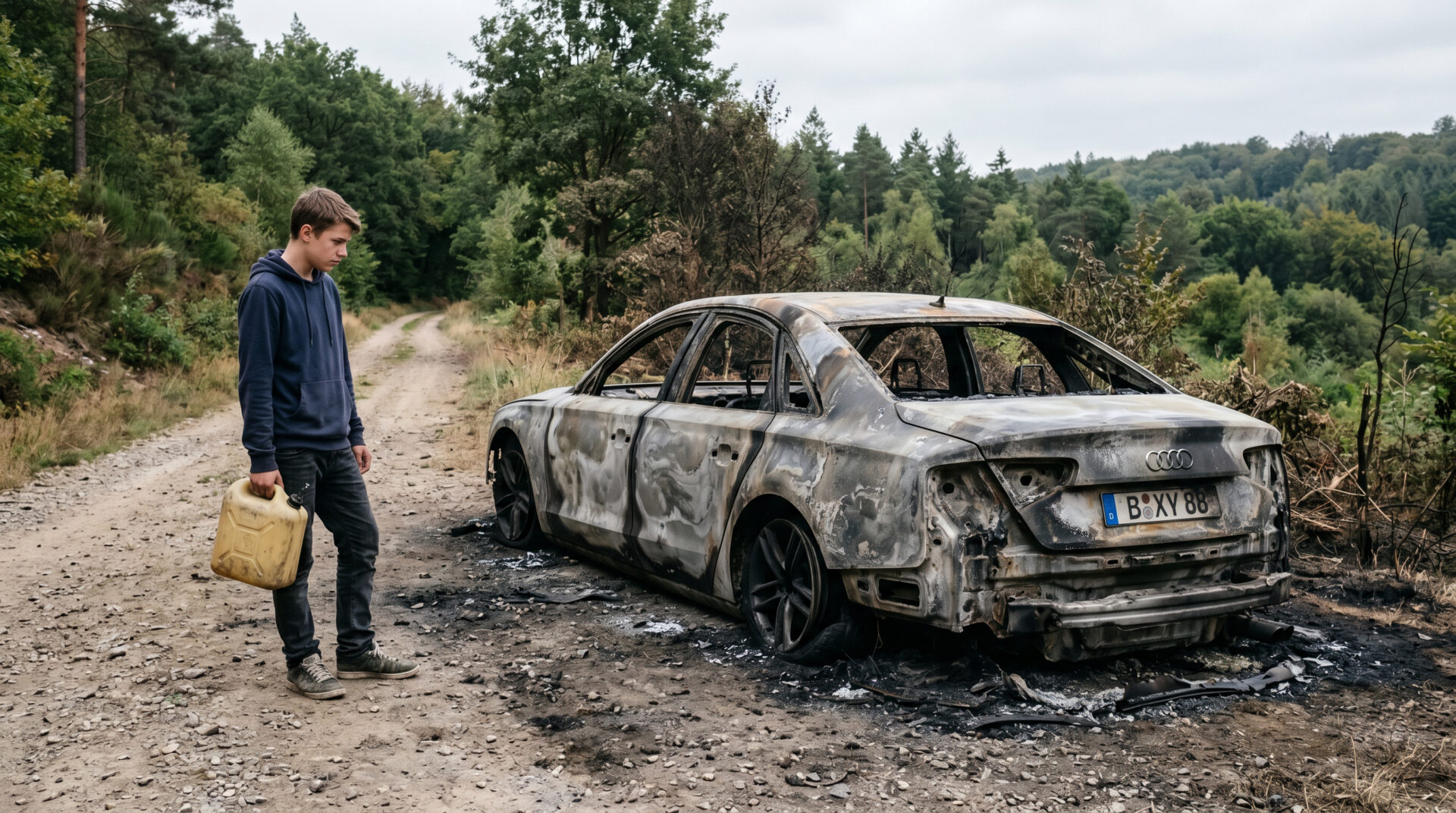 Ein ausgebranntes Autowrack auf einem staubigen Feldweg, davor ein Jugendlicher mit einem gelben Benzinkanister.