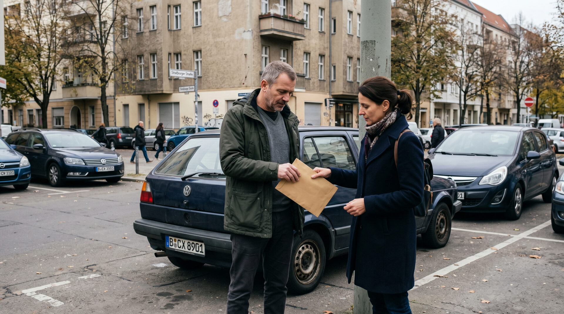 Ein Mann übergibt einer Frau einen großen Briefumschlag auf einem städtischen Parkplatz in Berlin.