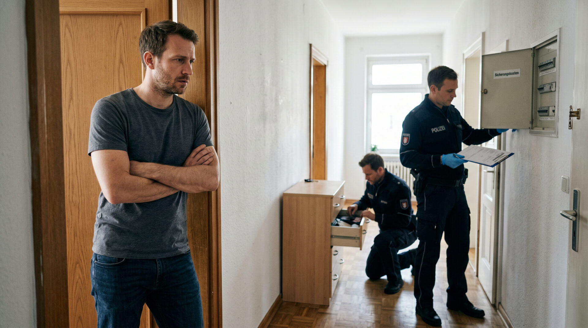 Polizeibeamte durchsuchen eine Wohnung im Beisein des Mieters während eines Ermittlungsverfahrens im Flur.