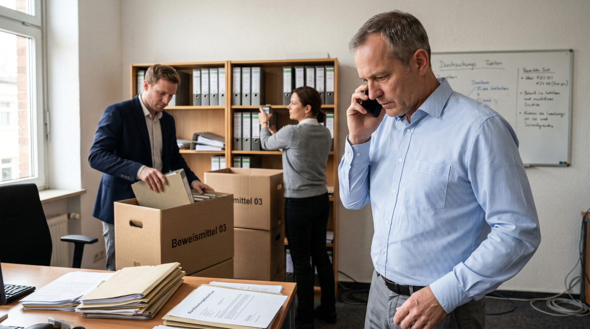 Während Steuerfahnder im Hintergrund Kartons packen, telefoniert der Beschuldigte besonnen mit seinem Anwalt.