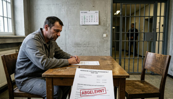Inhaftierter blickt enttäuscht auf ein Ablehnungsschreiben in einem kargen Besuchsraum mit leerem Stuhl gegenüber.