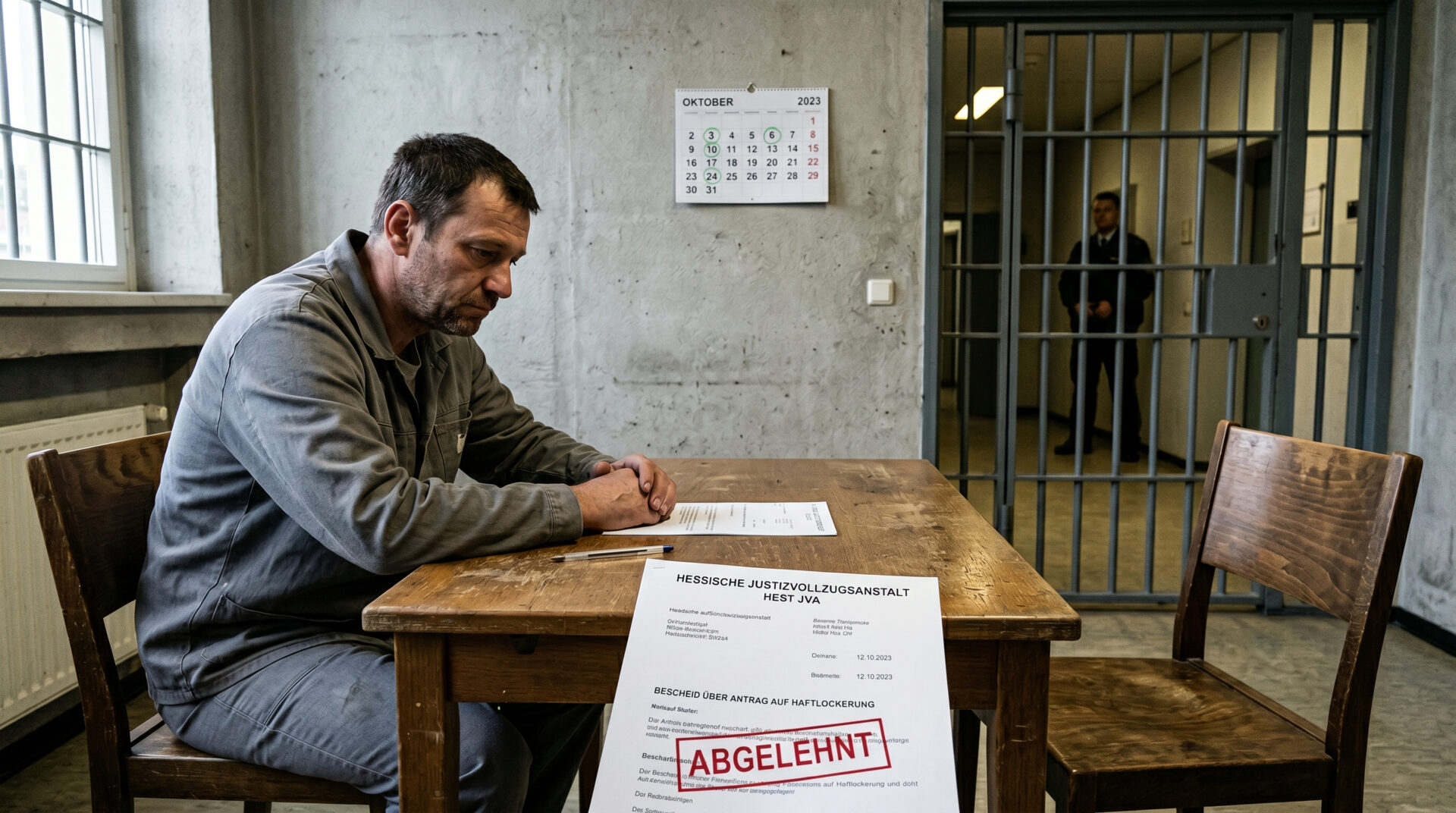 Inhaftierter blickt enttäuscht auf ein Ablehnungsschreiben in einem kargen Besuchsraum mit leerem Stuhl gegenüber.